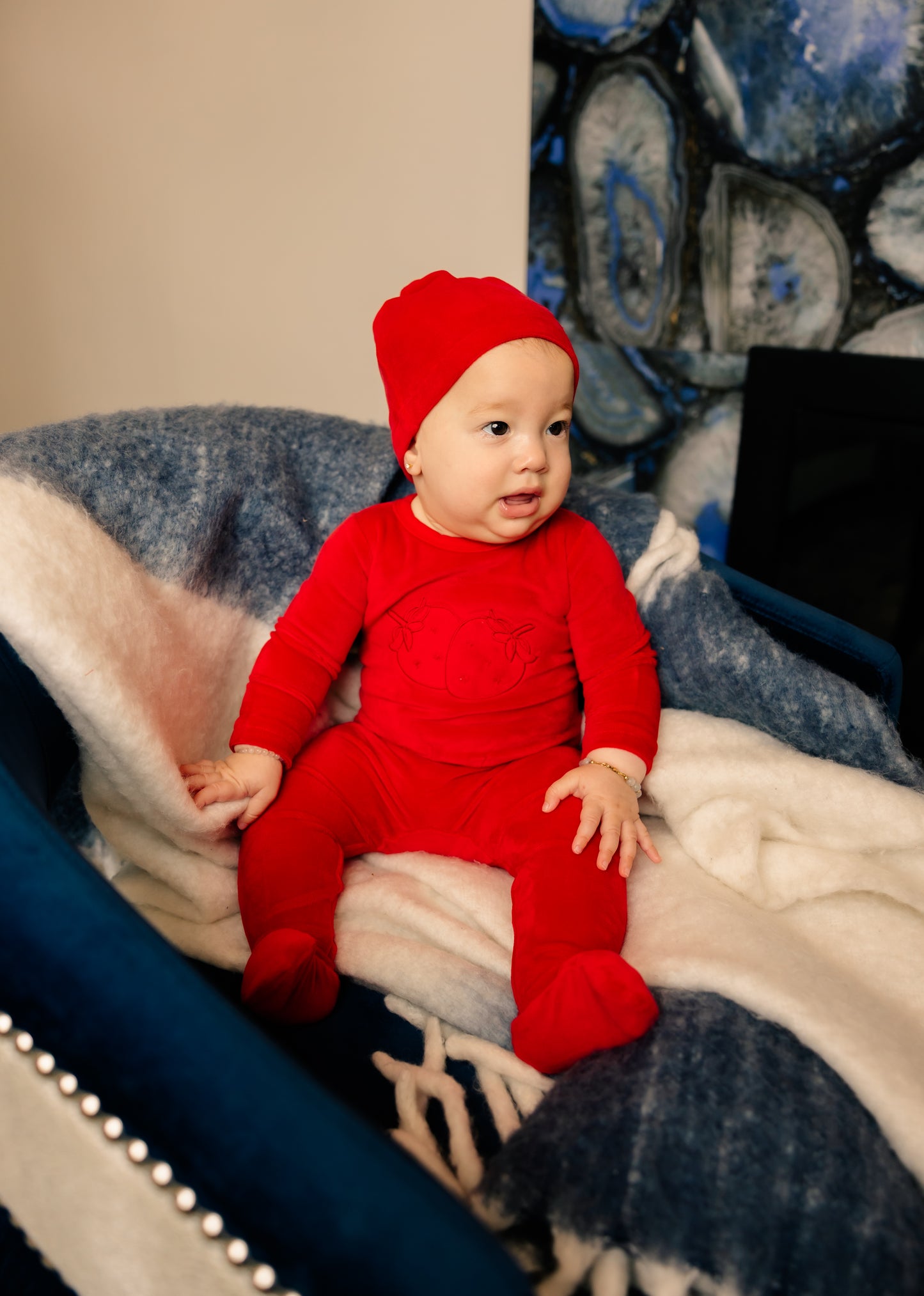 Velour Embroidered Footie & Hat Set Strawberry