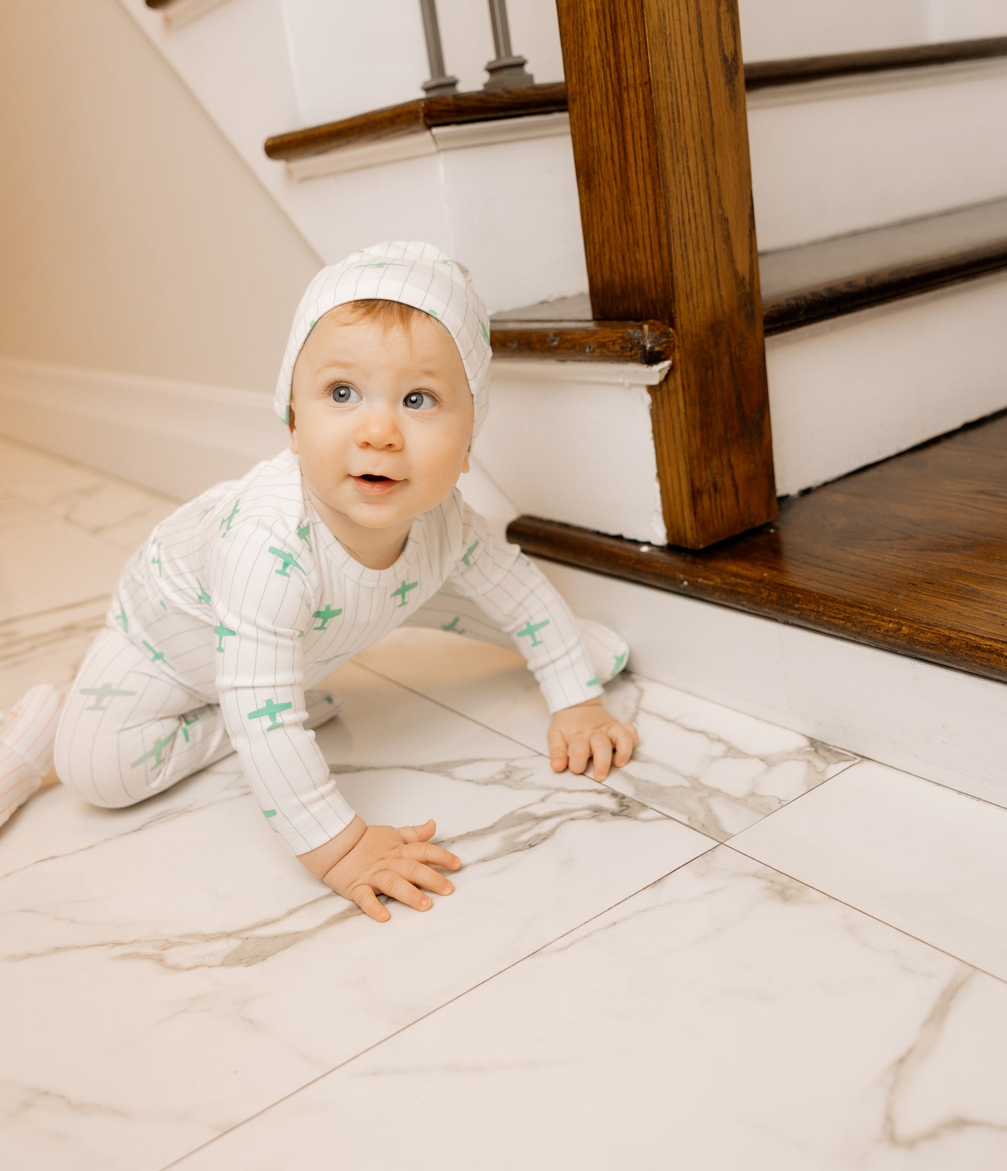 Blue Airplane Printed Footie & Hat Set