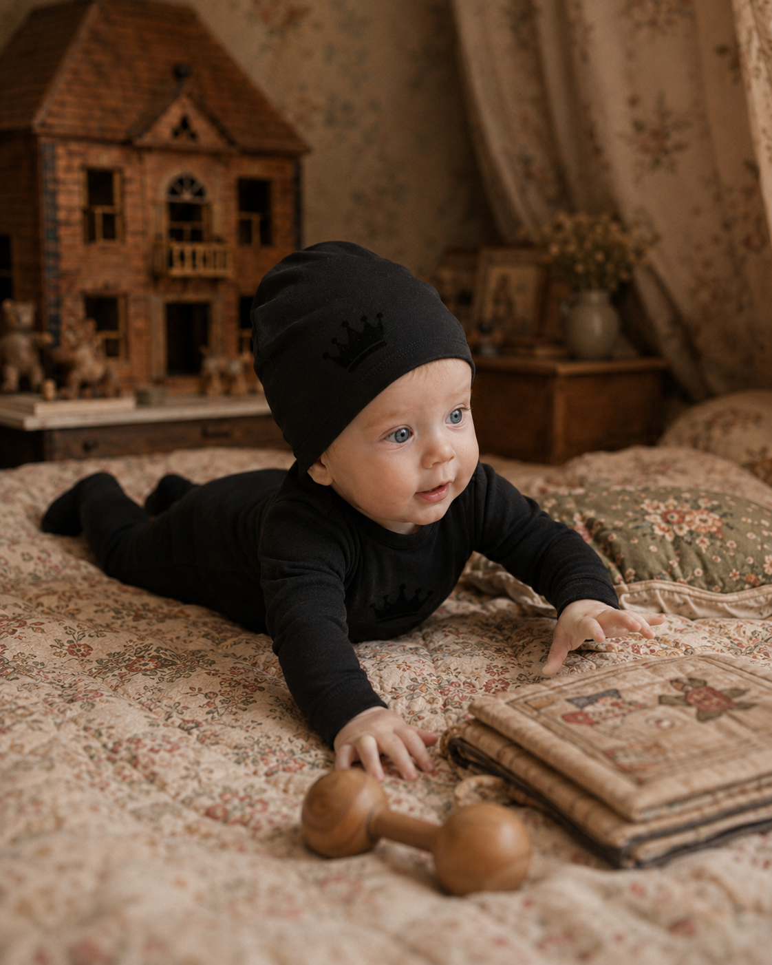 Black Velvet Crown Robe Footie & Hat Set