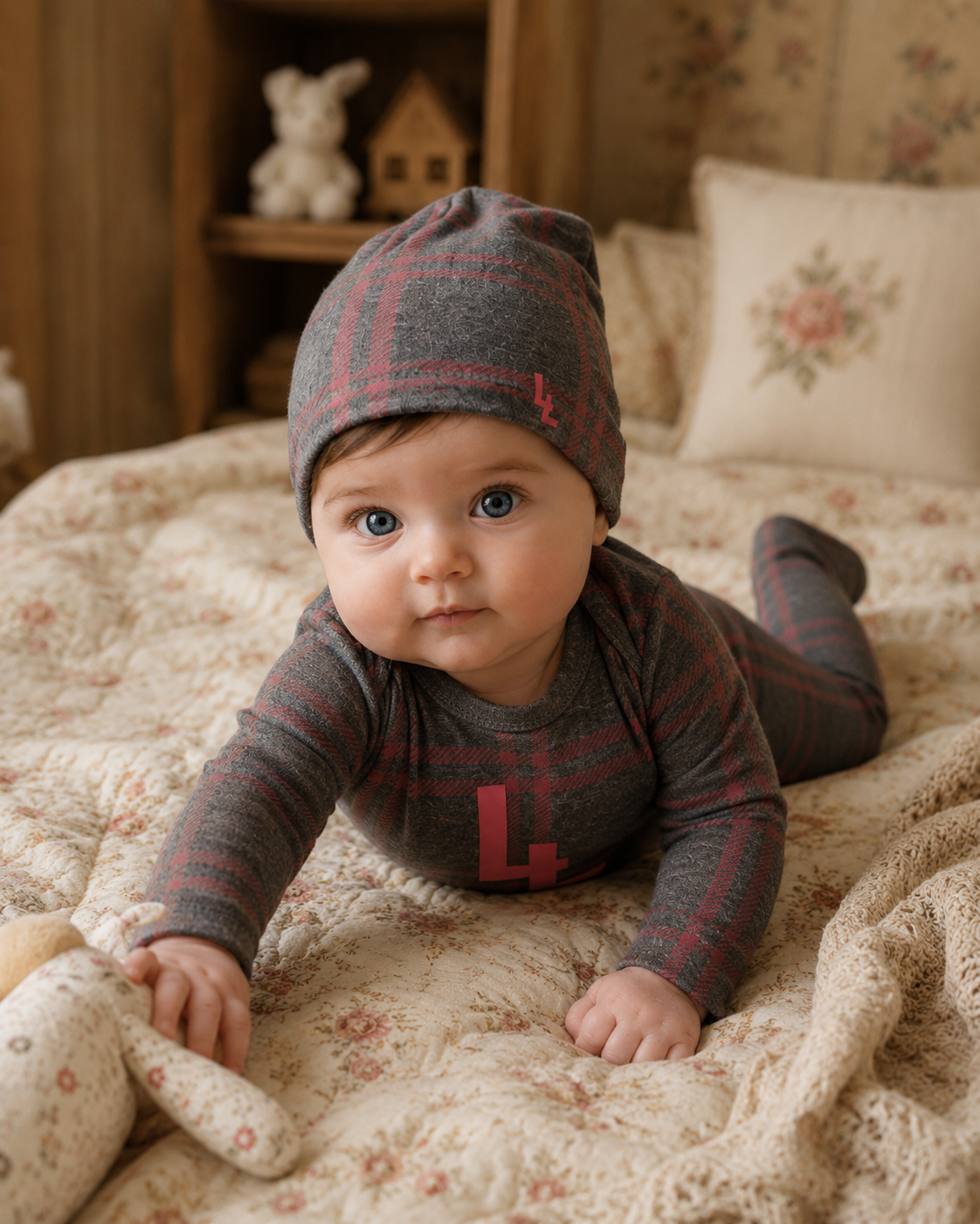 Red Plaid Logo Footie & Hat Set