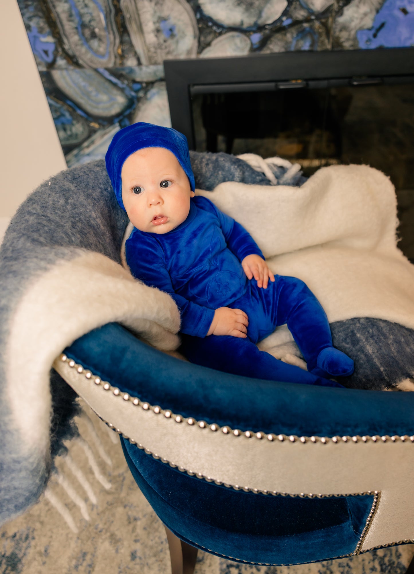 Velour Embroidered Footie & Hat Set Blueberry