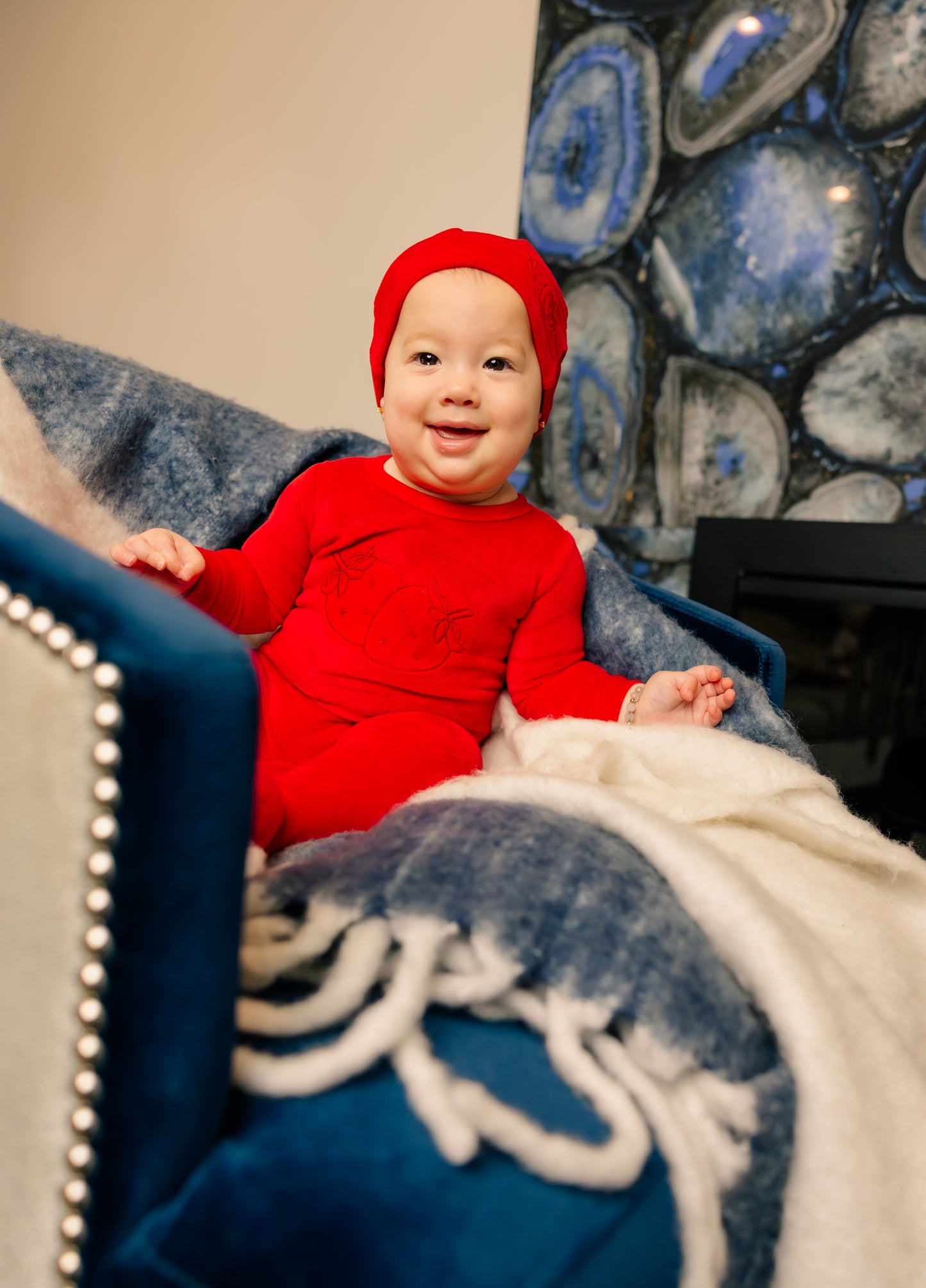 Velour Embroidered Footie & Hat Set Strawberry