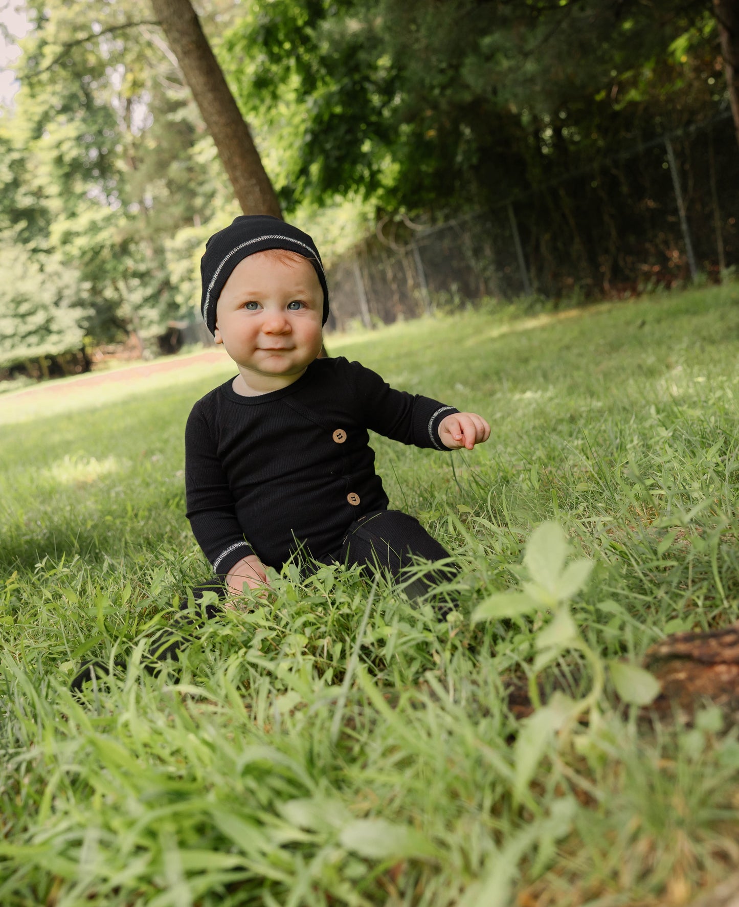 Black Weekend Footie & Hat Set with Buttons