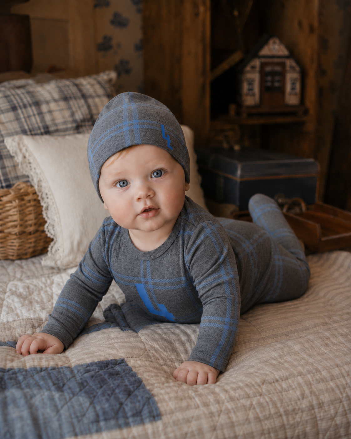 Blue Plaid Logo Footie & Hat Set