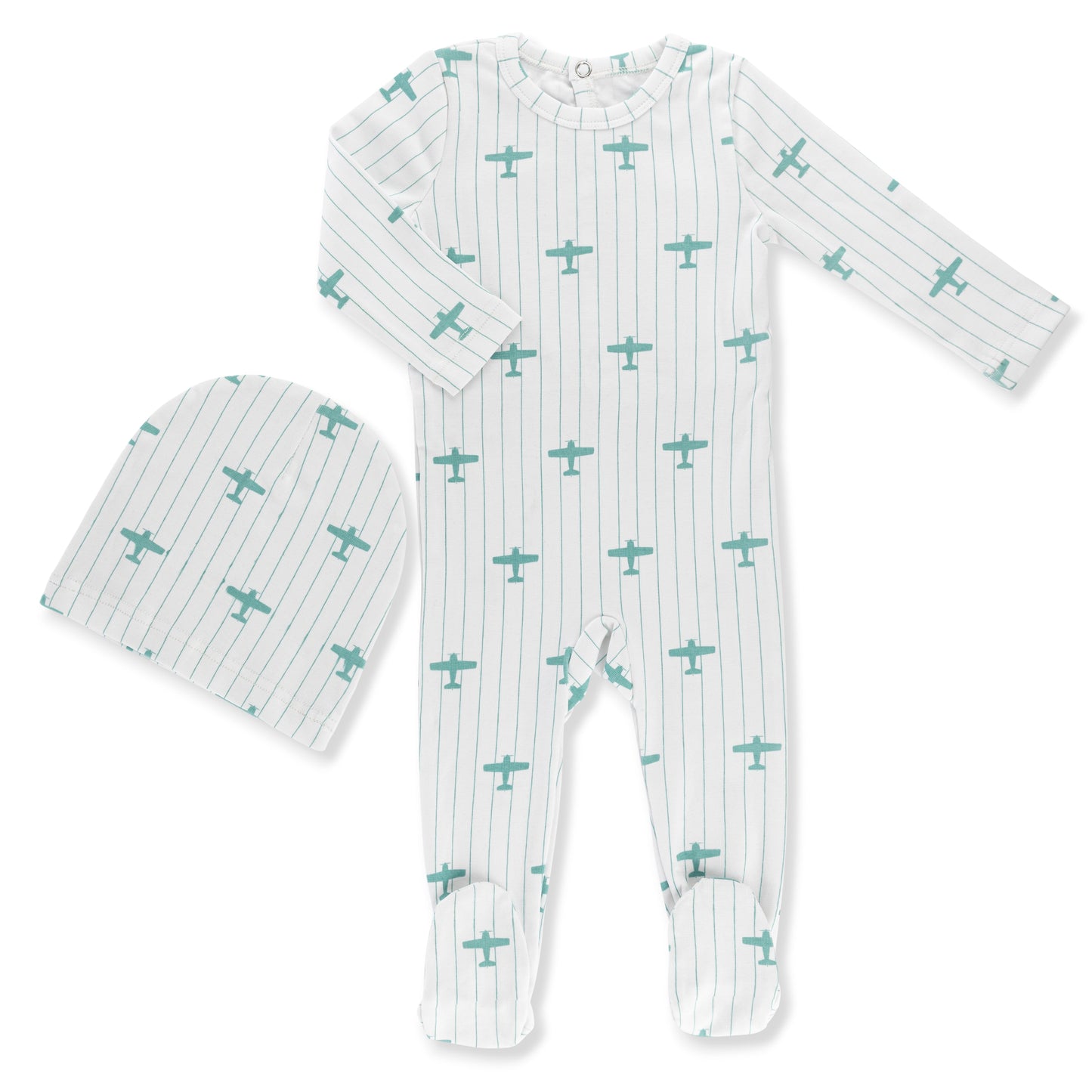 Blue Airplane Printed Footie & Hat Set