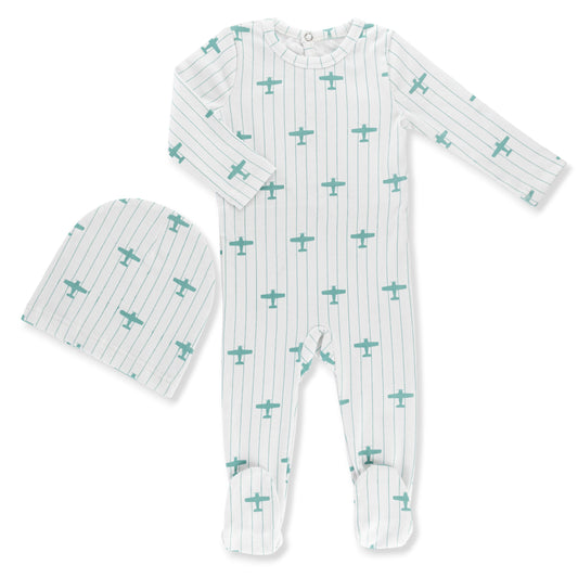 Blue Airplane Printed Footie & Hat Set
