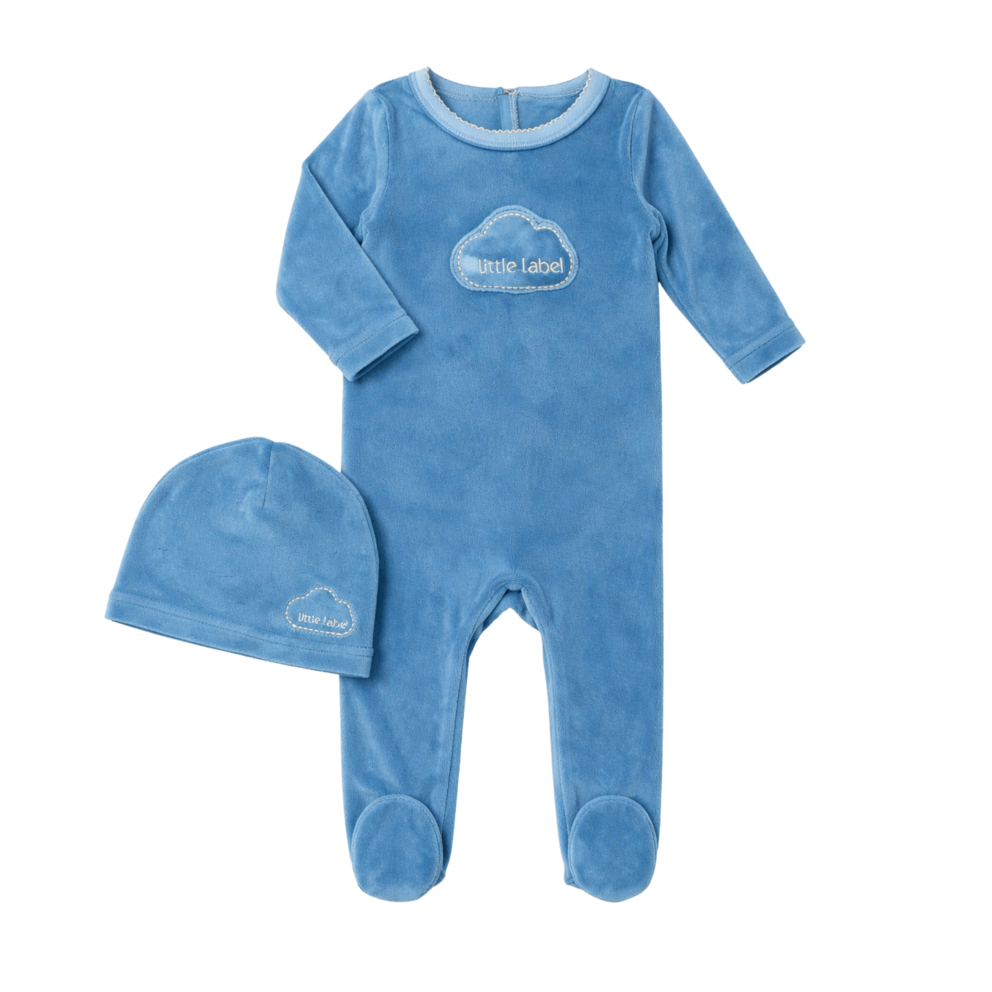 Blue Velour Cloud Footie & Hat Set