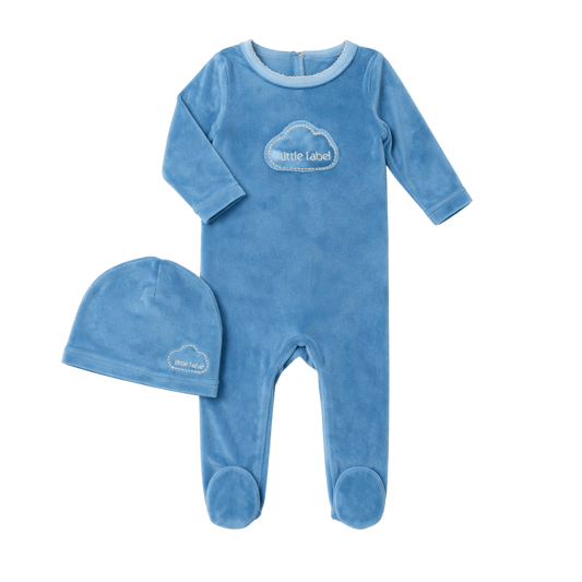 Blue Velour Cloud Footie & Hat Set