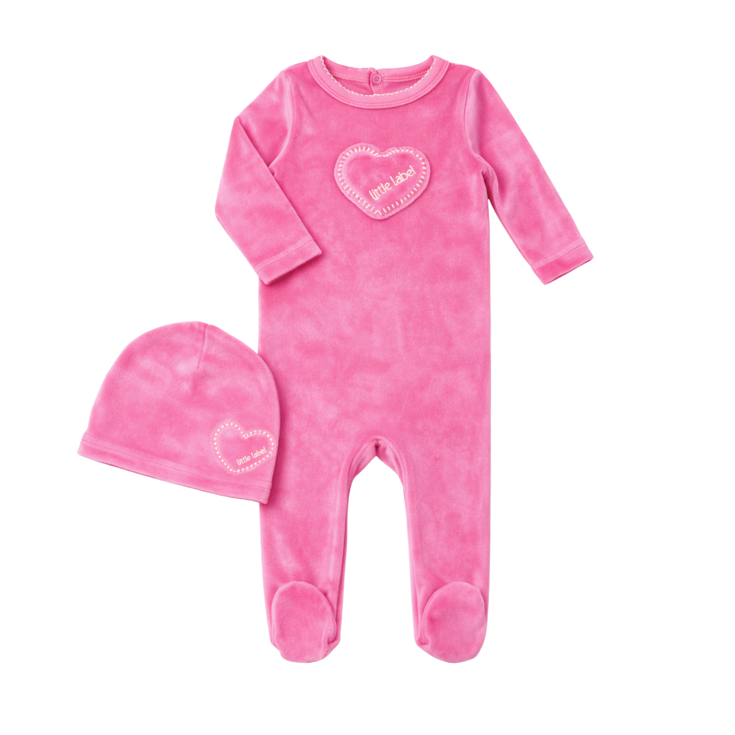 Hot Pink Velour Heart Footie & Hat Set