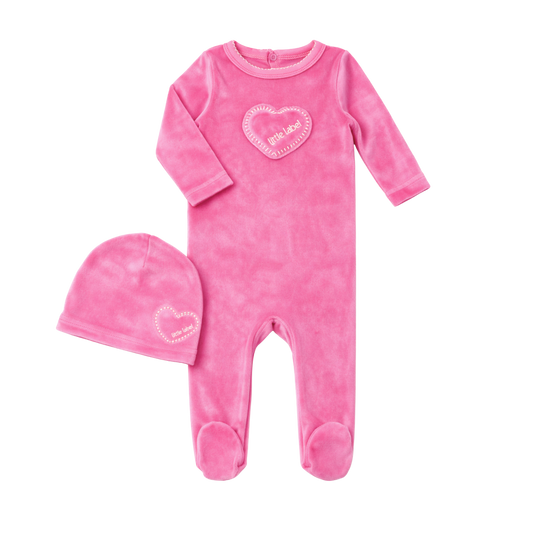 Hot Pink Velour Heart Footie & Hat Set