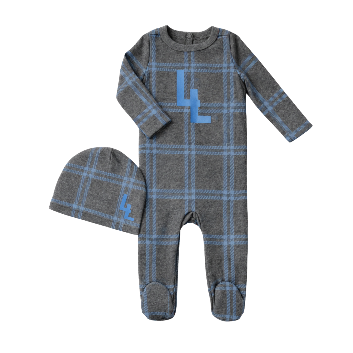Blue Plaid Logo Footie & Hat Set