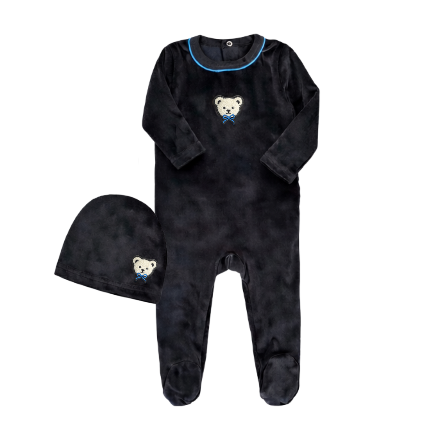 Velour Teddy Footie & Hat Set with Blue Piping