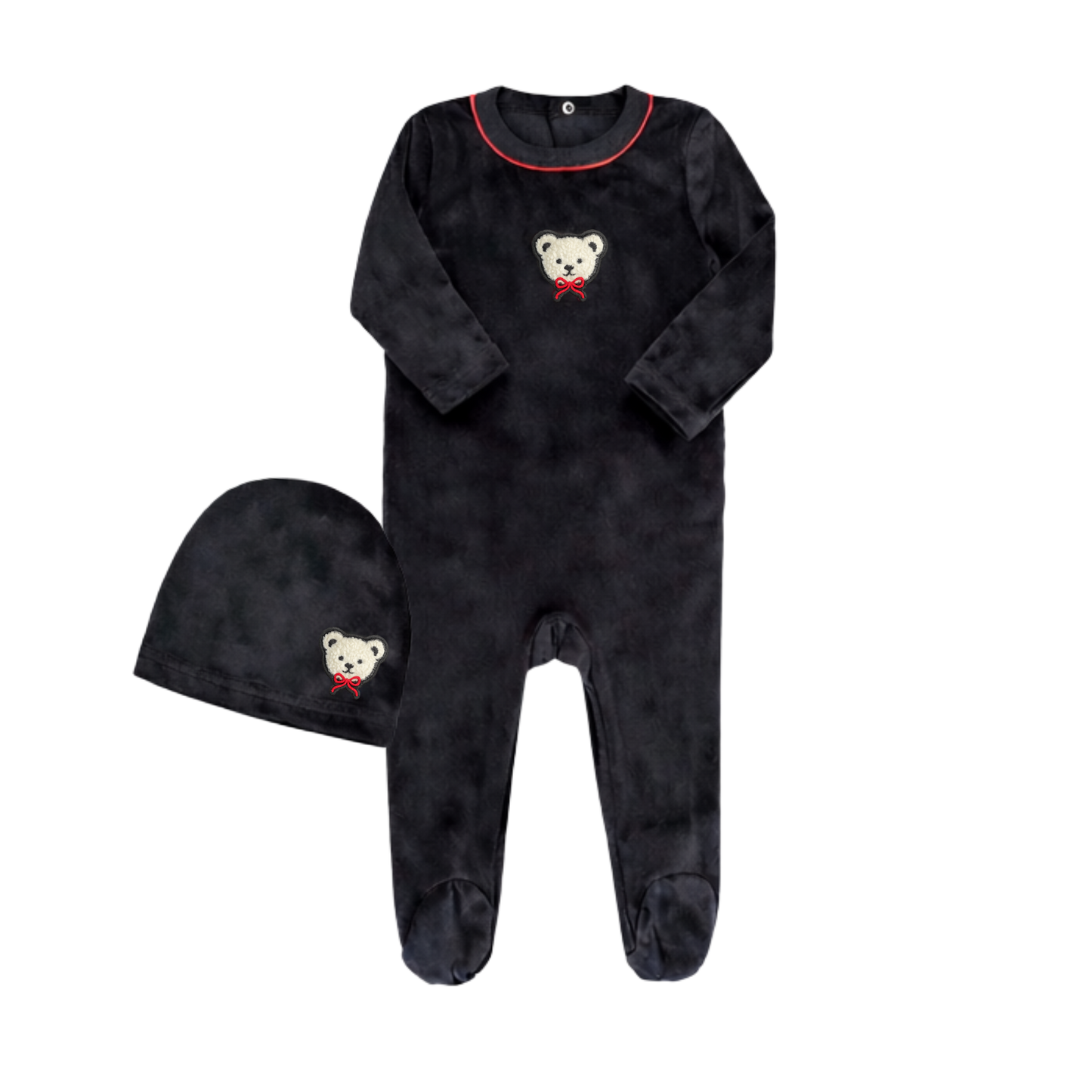 Velour Teddy Footie & Hat Set with Red Piping