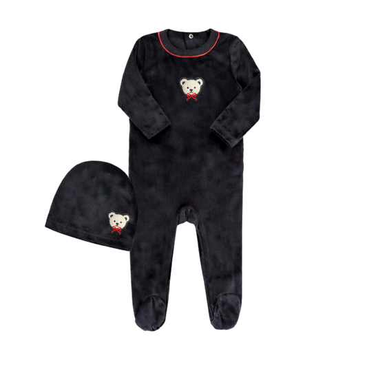 Velour Teddy Footie & Hat Set with Red Piping