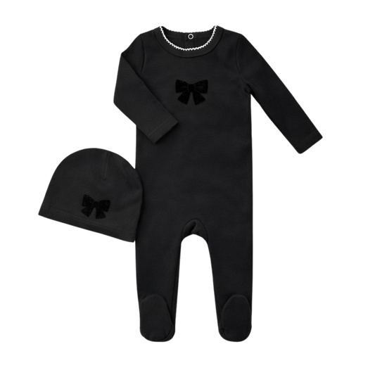 Black Velvet Bow Robe Footie & Hat Set