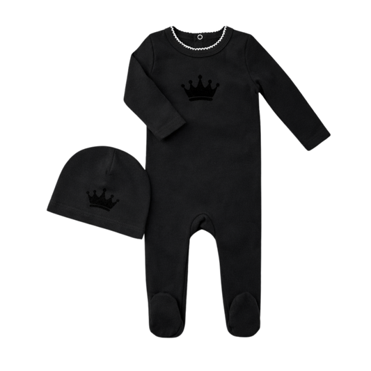 Black Velvet Crown Robe Footie & Hat Set