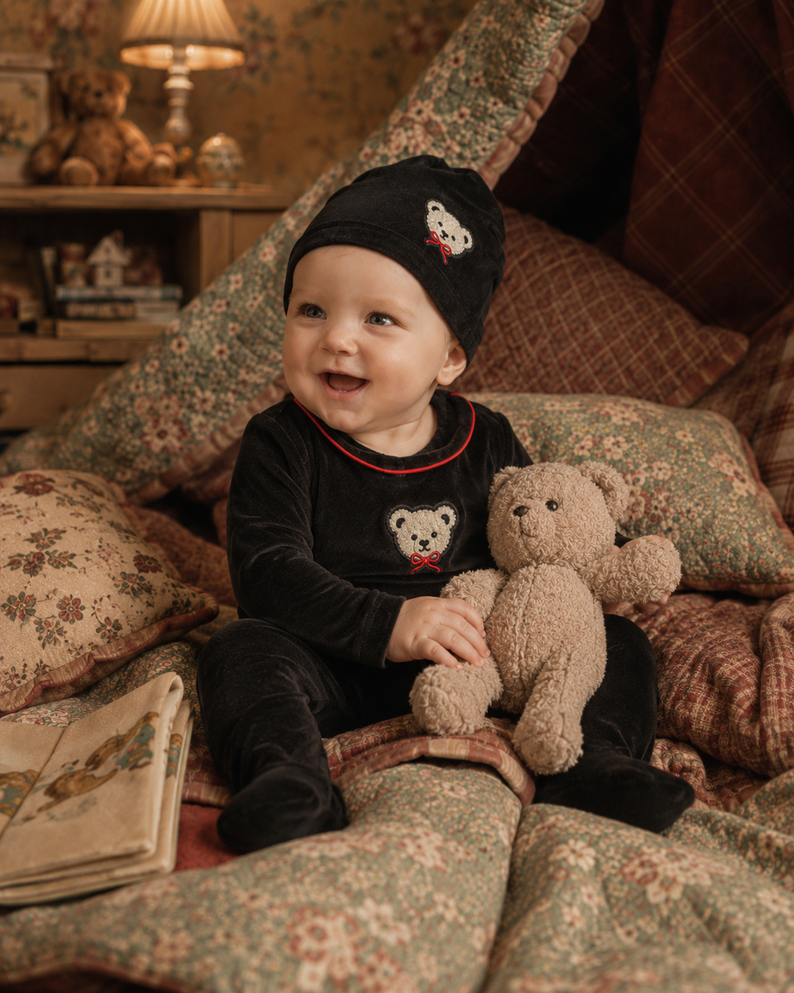 Velour Teddy Footie & Hat Set with Red Piping