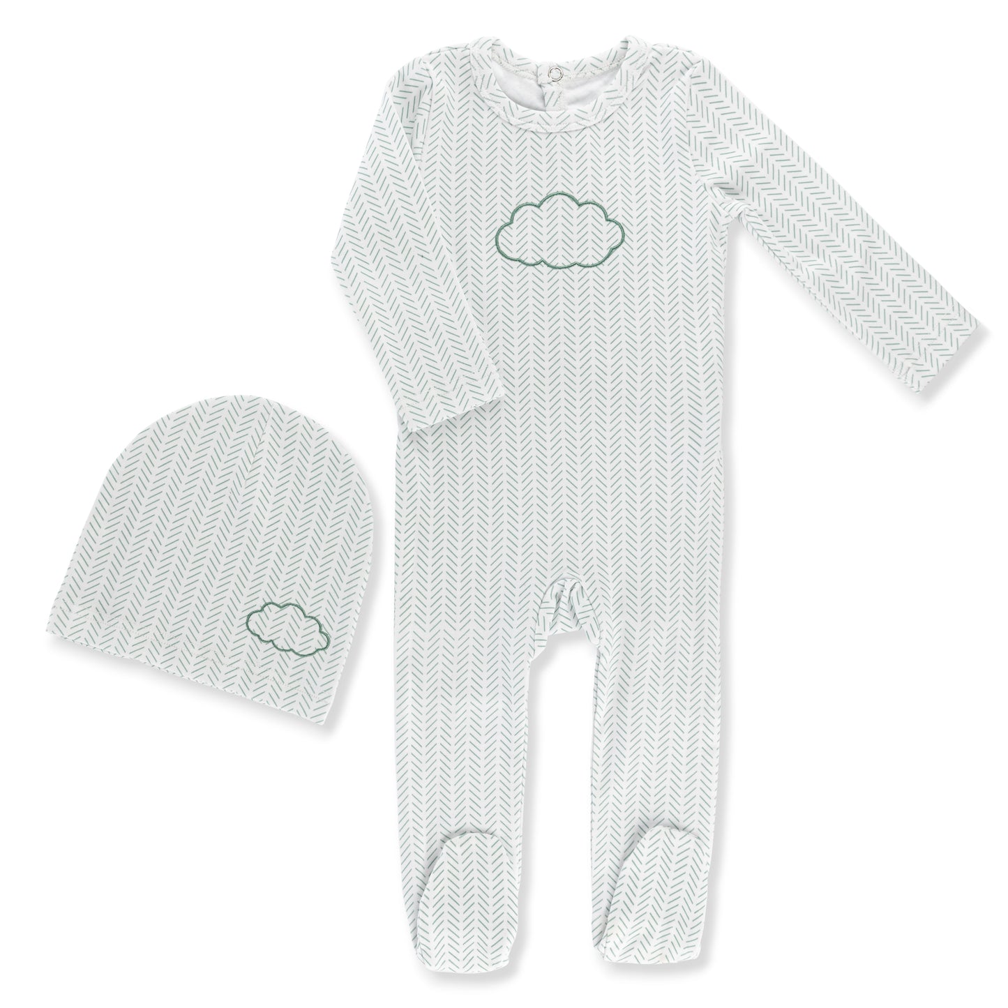 Cloud Herringbone Baby Footie & Hat  Set