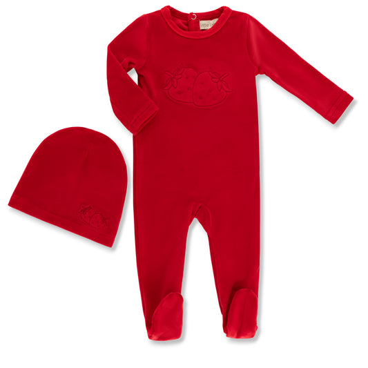 Velour Embroidered Footie & Hat Set Strawberry
