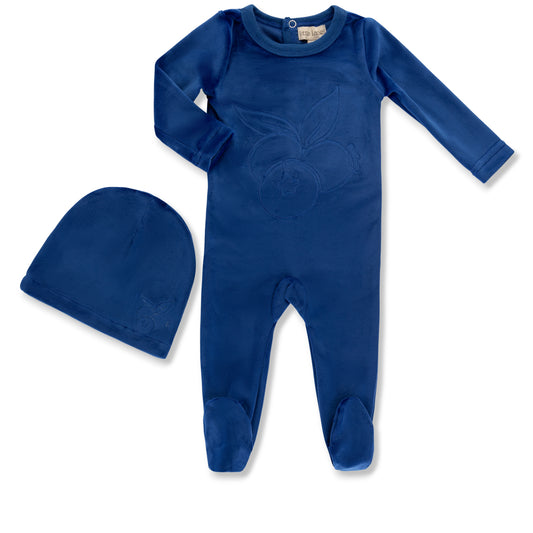 Velour Embroidered Footie & Hat Set Blueberry
