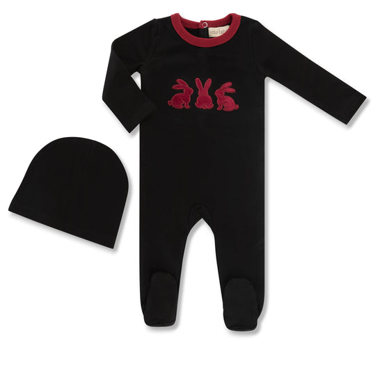 French Terry Footie + Hat Set with Corduroy Bunny Red