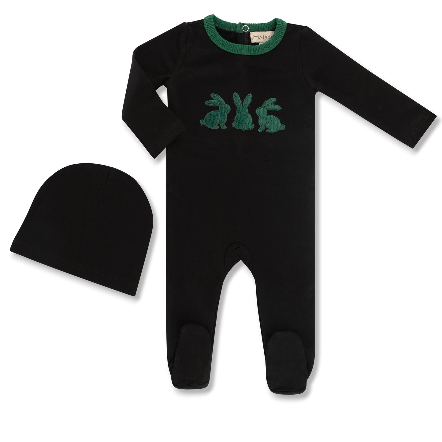French Terry Footie + Hat Set with Corduroy Bunny Green