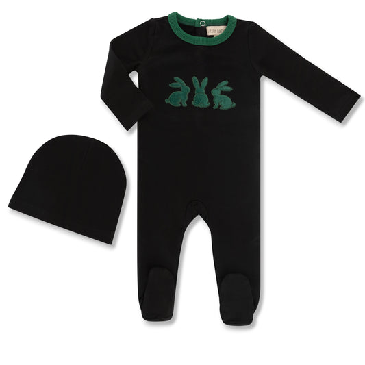 French Terry Footie + Hat Set with Corduroy Bunny Green