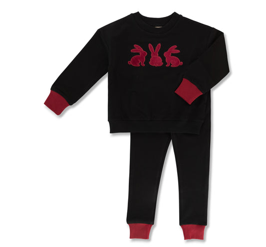 French Terry Lounge Set with Corduroy Bunny Red