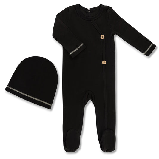 Black Weekend Footie & Hat Set with Buttons