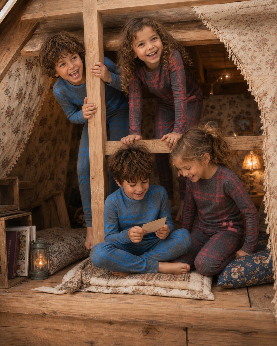 Children wearing Little Label sweater plaid pajamas in a cozy playhouse