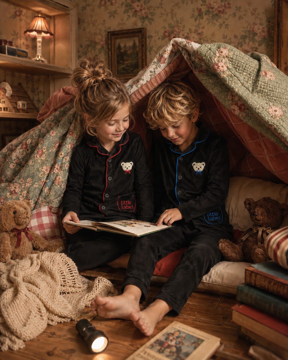 Children wearing Little Label plush velour pajamas